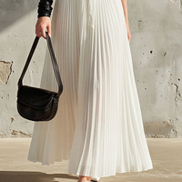 Women's White Chiffon Pleated Maxi Dress With Puff Sleeves & Waist Tie, Contemporary Minimalist Formal Dress MDZ0827E7LYL