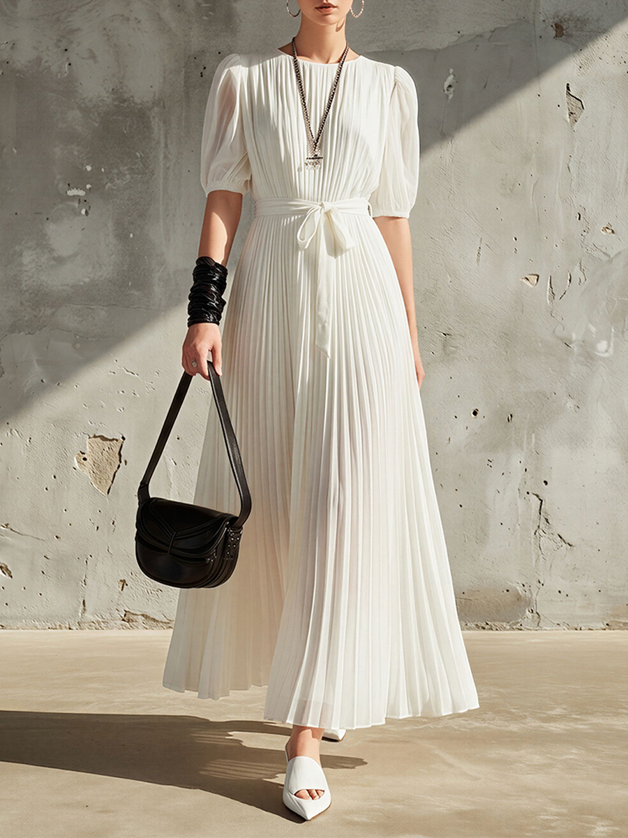Women's White Chiffon Pleated Maxi Dress With Puff Sleeves & Waist Tie, Contemporary Minimalist Formal Dress MDZ0827E7LYL