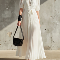 Women's White Chiffon Pleated Maxi Dress With Puff Sleeves & Waist Tie, Contemporary Minimalist Formal Dress MDZ0827E7LYL