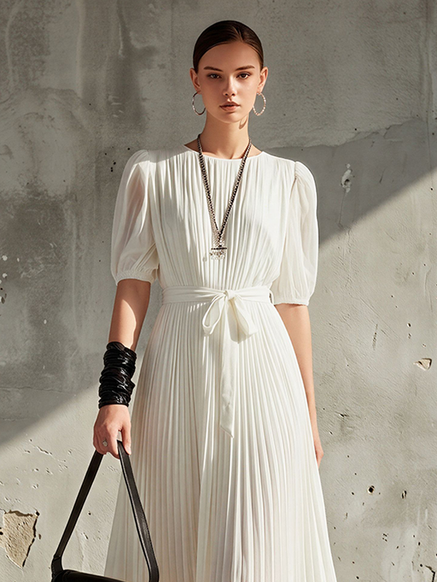 Women's White Chiffon Pleated Maxi Dress With Puff Sleeves & Waist Tie, Contemporary Minimalist Formal Dress MDZ0827E7LYL