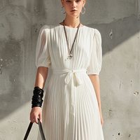 Women's White Chiffon Pleated Maxi Dress With Puff Sleeves & Waist Tie, Contemporary Minimalist Formal Dress MDZ0827E7LYL