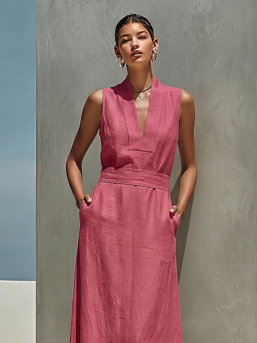 Women's Dusty Pink Linen-Blend Maxi Dress With V-Neck & Belted Waist, Timeless Minimalist Summer Dress MDZ0875E5LYL