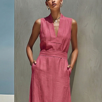 Women's Dusty Pink Linen-Blend Maxi Dress With V-Neck & Belted Waist, Timeless Minimalist Summer Dress MDZ0875E5LYL
