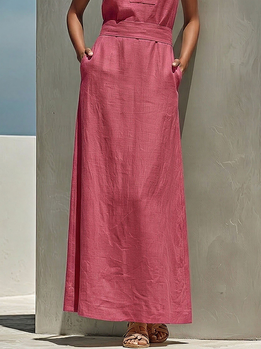 Women's Dusty Pink Linen-Blend Maxi Dress With V-Neck & Belted Waist, Timeless Minimalist Summer Dress MDZ0875E5LYL