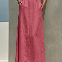 Women's Dusty Pink Linen-Blend Maxi Dress With V-Neck & Belted Waist, Timeless Minimalist Summer Dress MDZ0875E5LYL