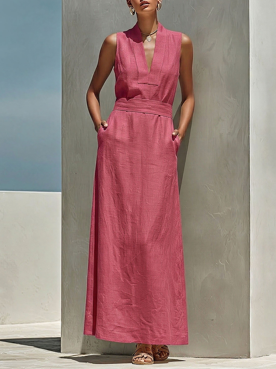 Women's Dusty Pink Linen-Blend Maxi Dress With V-Neck & Belted Waist, Timeless Minimalist Summer Dress MDZ0875E5LYL