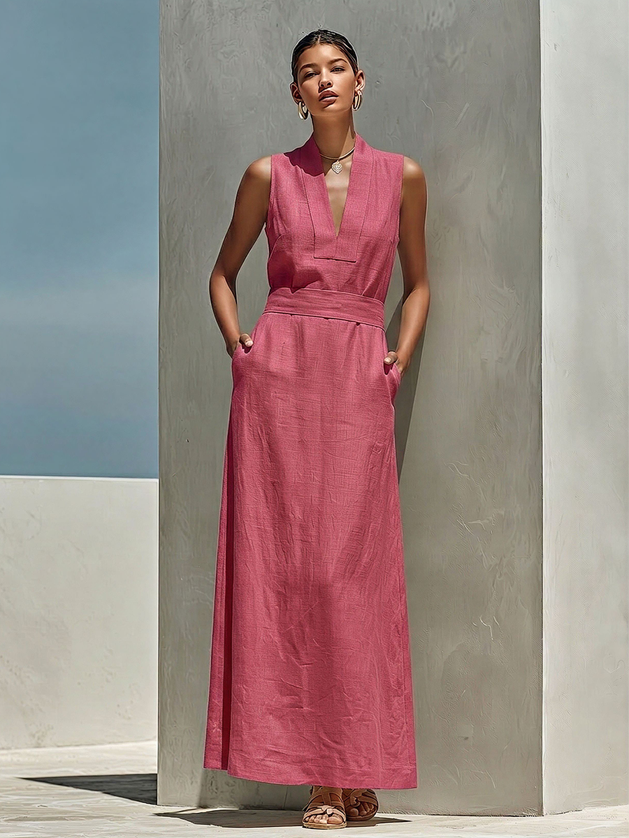 Women's Dusty Pink Linen-Blend Maxi Dress With V-Neck & Belted Waist, Timeless Minimalist Summer Dress MDZ0875E5LYL