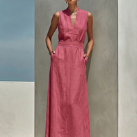 Women's Dusty Pink Linen-Blend Maxi Dress With V-Neck & Belted Waist, Timeless Minimalist Summer Dress MDZ0875E5LYL