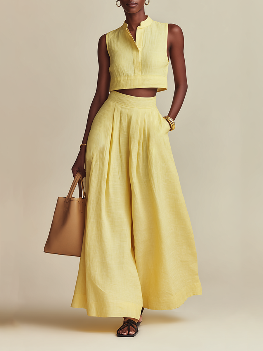 Women's Pale Yellow Linen-Blend Two-Piece Set With Cropped Sleeveless Top & Wide Leg Pants, Timeless Minimalist Casual Outfit MDZ0866E7LYL