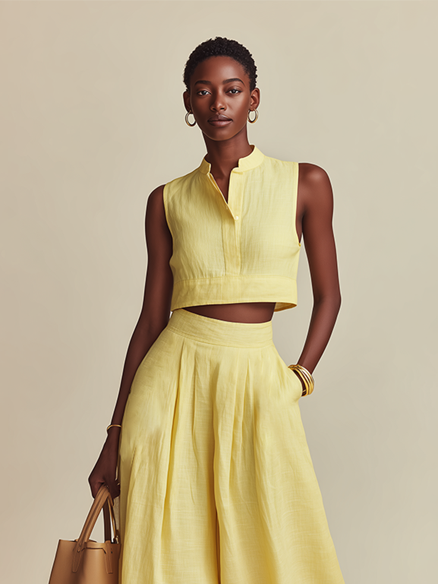 Women's Pale Yellow Linen-Blend Two-Piece Set With Cropped Sleeveless Top & Wide Leg Pants, Timeless Minimalist Casual Outfit MDZ0866E7LYL