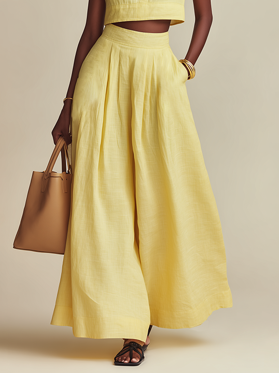 Women's Pale Yellow Linen-Blend Two-Piece Set With Cropped Sleeveless Top & Wide Leg Pants, Timeless Minimalist Casual Outfit MDZ0866E7LYL