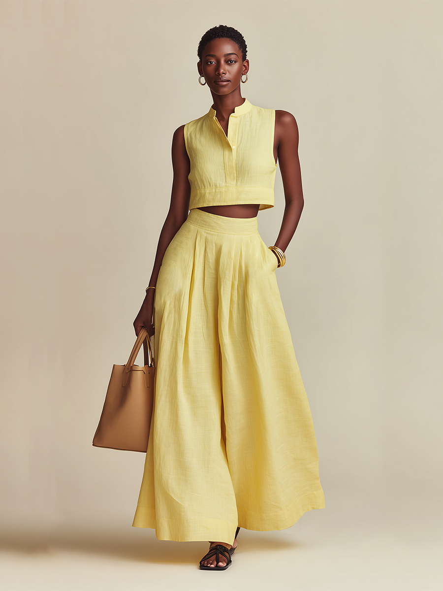 Women's Pale Yellow Linen-Blend Two-Piece Set With Cropped Sleeveless Top & Wide Leg Pants, Timeless Minimalist Casual Outfit MDZ0866E7LYL