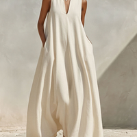 Women's Cream Linen-Blend Sleeveless Maxi Dress With Stand Collar & V-Neck, Timeless Minimalist Summer Dress MDZ0806E9LYL