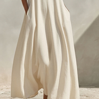 Women's Cream Linen-Blend Sleeveless Maxi Dress With Stand Collar & V-Neck, Timeless Minimalist Summer Dress MDZ0806E9LYL