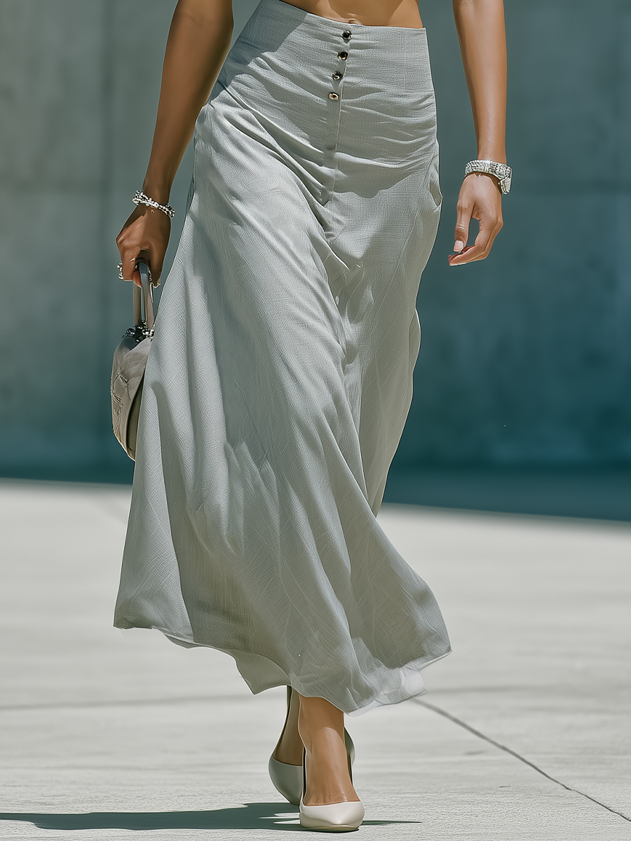 Women’s Grey Cropped Button-Down Shirt & High-Waisted Maxi Skirt Two-Piece Set MDZ0882E0T