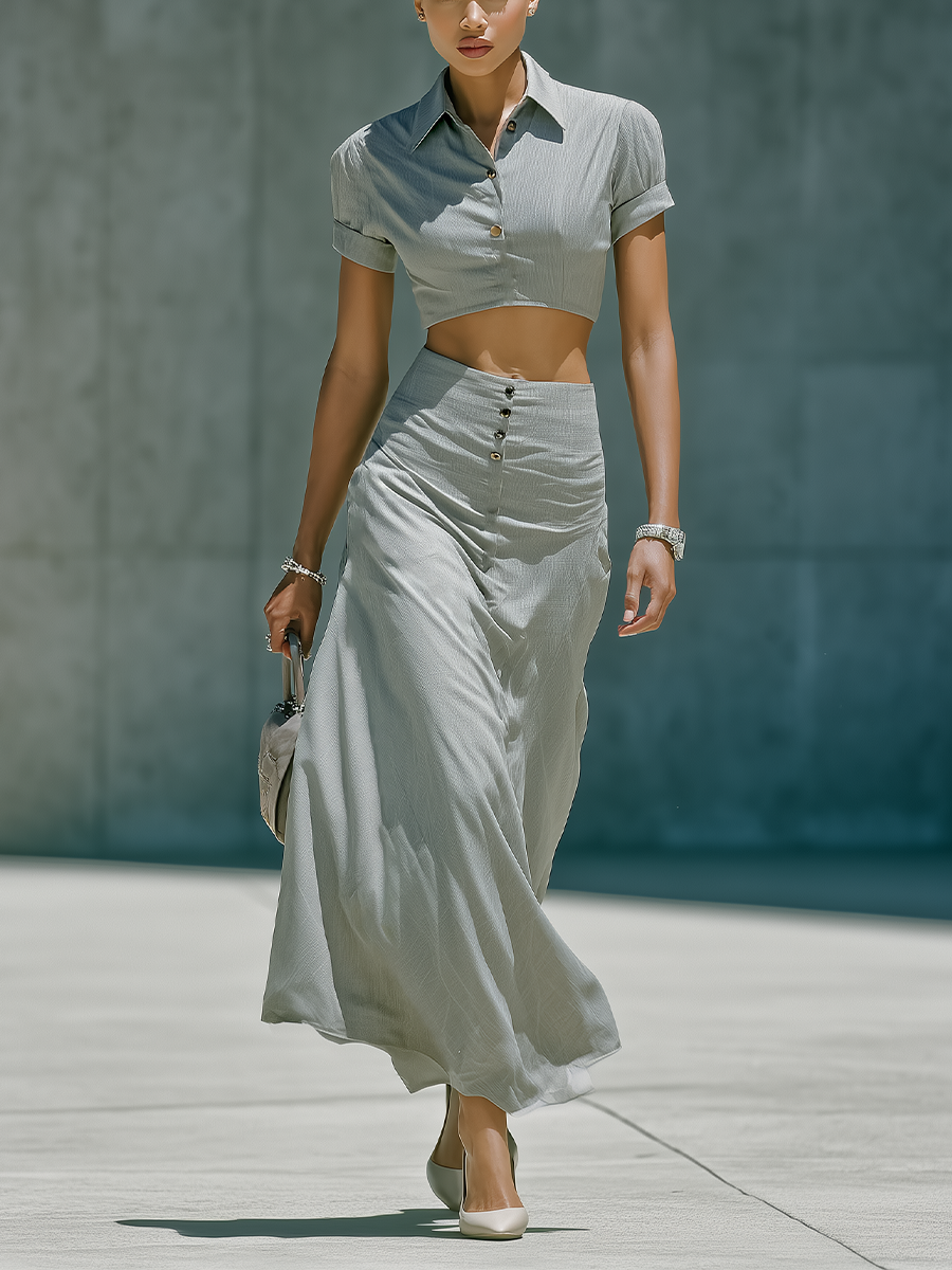 Women’s Grey Cropped Button-Down Shirt & High-Waisted Maxi Skirt Two-Piece Set MDZ0882E0T