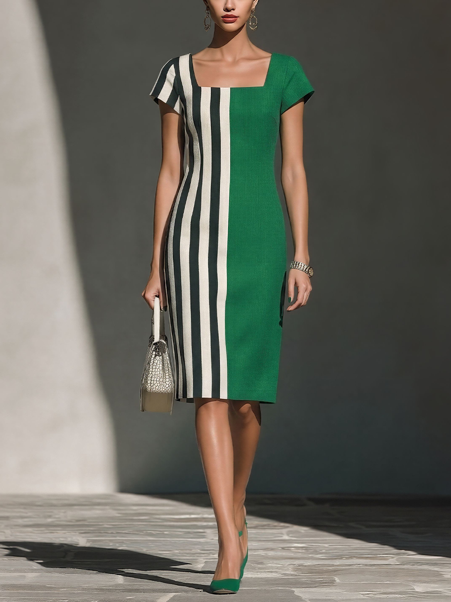 Women’s Green & Striped Color-Block Sheath Dress With Square Neck & Short Sleeves MDZ0835E5T