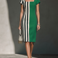 Women’s Green & Striped Color-Block Sheath Dress With Square Neck & Short Sleeves MDZ0835E5T