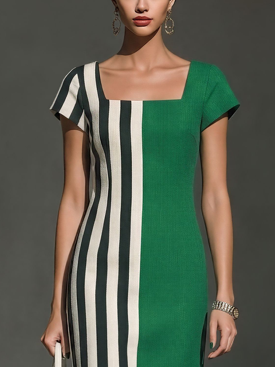 Women’s Green & Striped Color-Block Sheath Dress With Square Neck & Short Sleeves MDZ0835E5T