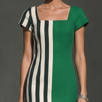Women’s Green & Striped Color-Block Sheath Dress With Square Neck & Short Sleeves MDZ0835E5T
