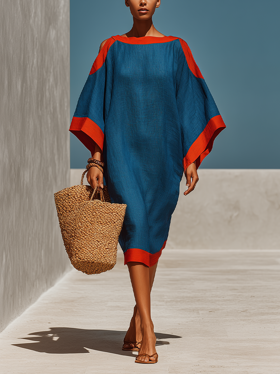 Women’s Blue Linen-Blend Cold-Shoulder Midi Dress With Red Contrast Trim MDZ0856E9T