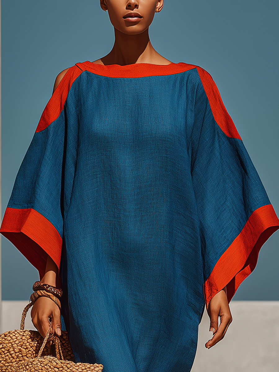Women’s Blue Linen-Blend Cold-Shoulder Midi Dress With Red Contrast Trim MDZ0856E9T