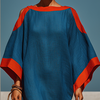 Women’s Blue Linen-Blend Cold-Shoulder Midi Dress With Red Contrast Trim MDZ0856E9T