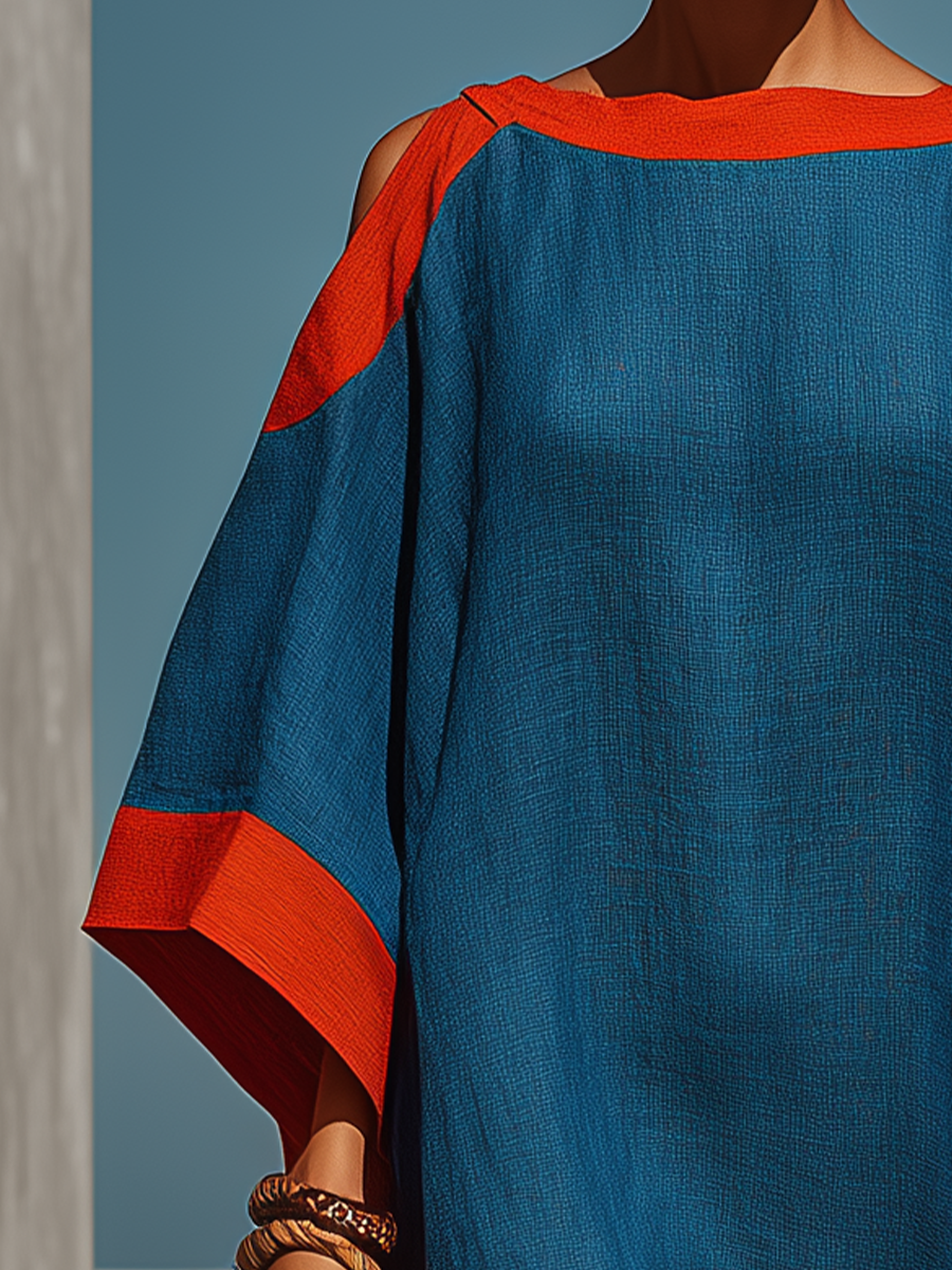 Women’s Blue Linen-Blend Cold-Shoulder Midi Dress With Red Contrast Trim MDZ0856E9T