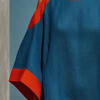 Women’s Blue Linen-Blend Cold-Shoulder Midi Dress With Red Contrast Trim MDZ0856E9T