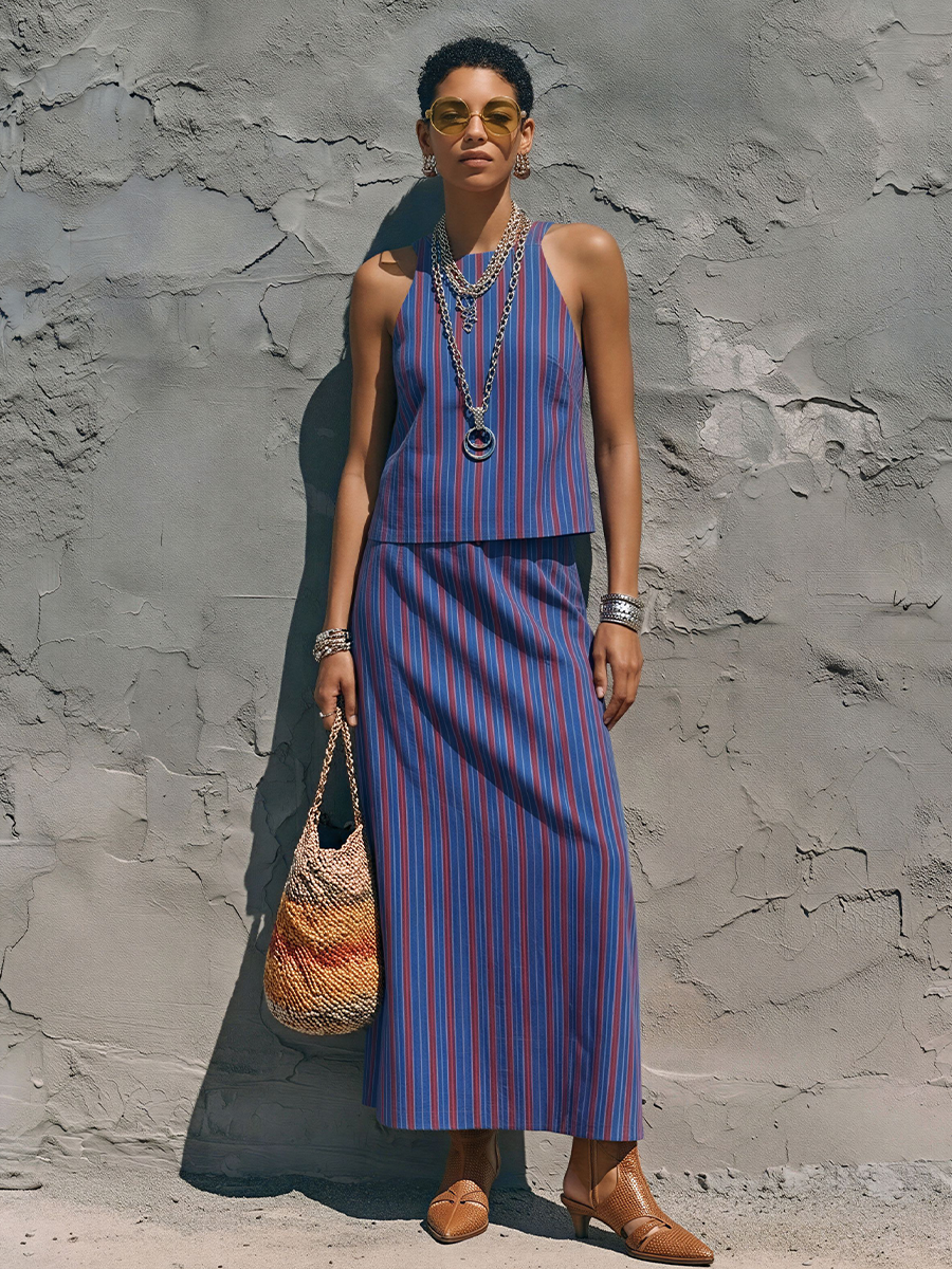Women's Casual Blue And Red Striped Cotton Blend Sleeveless Top + Straight Long Skirt Set MDZ0896E2GMJ