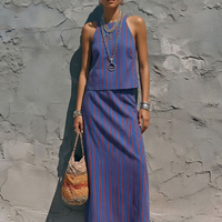 Women's Casual Blue And Red Striped Cotton Blend Sleeveless Top + Straight Long Skirt Set MDZ0896E2GMJ