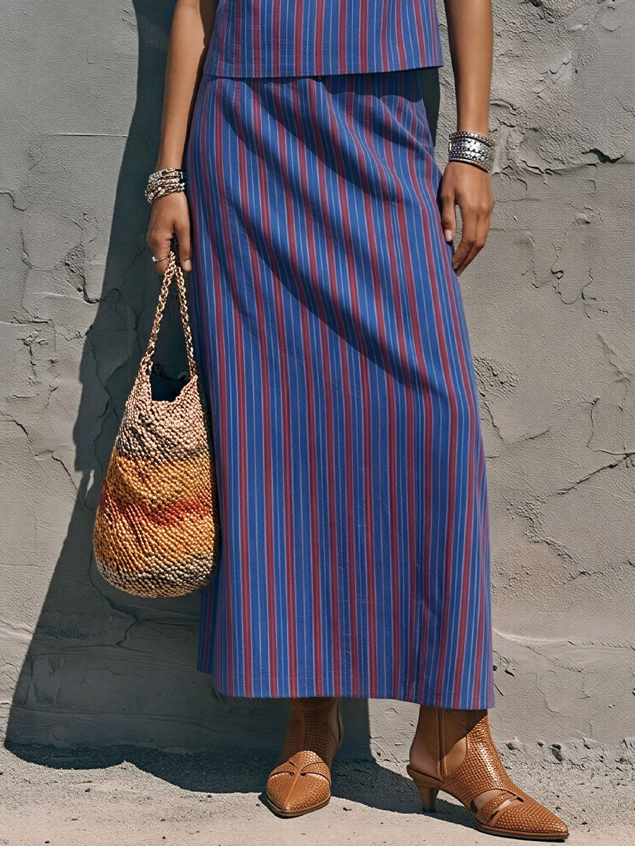 Women's Casual Blue And Red Striped Cotton Blend Sleeveless Top + Straight Long Skirt Set MDZ0896E2GMJ