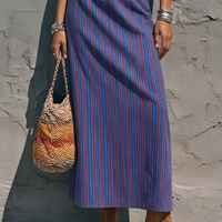 Women's Casual Blue And Red Striped Cotton Blend Sleeveless Top + Straight Long Skirt Set MDZ0896E2GMJ