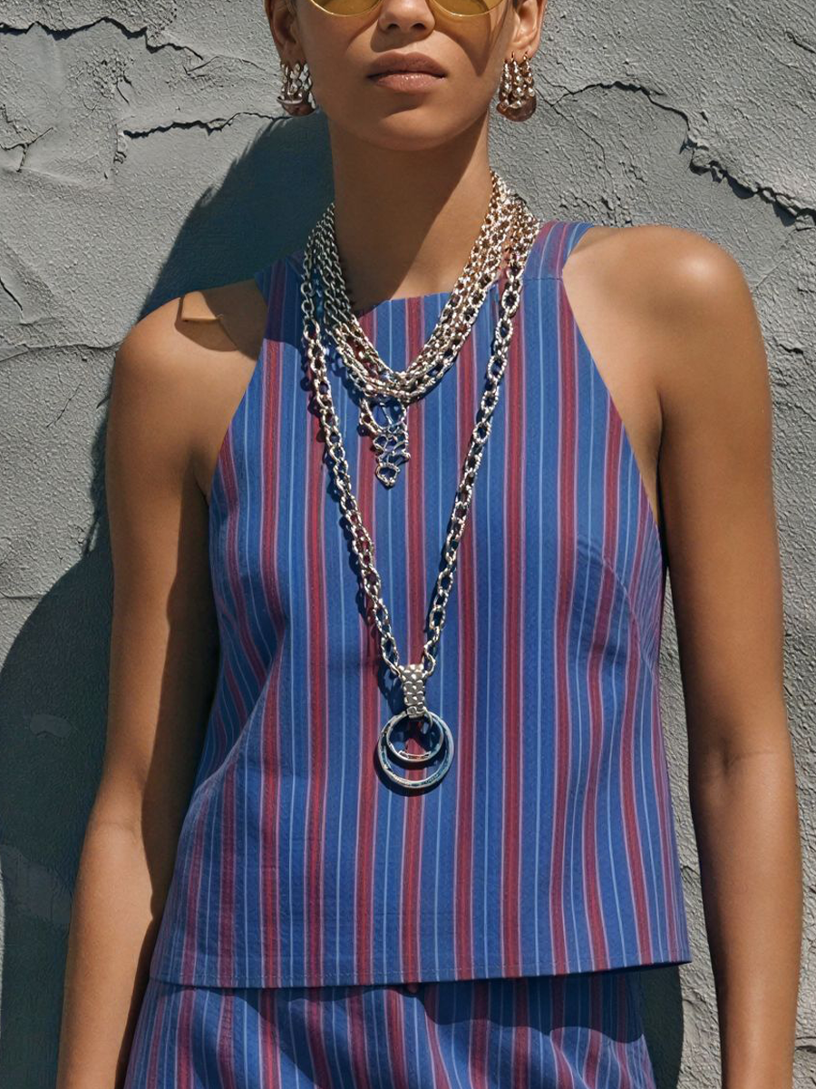 Women's Casual Blue And Red Striped Cotton Blend Sleeveless Top + Straight Long Skirt Set MDZ0896E2GMJ