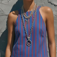 Women's Casual Blue And Red Striped Cotton Blend Sleeveless Top + Straight Long Skirt Set MDZ0896E2GMJ