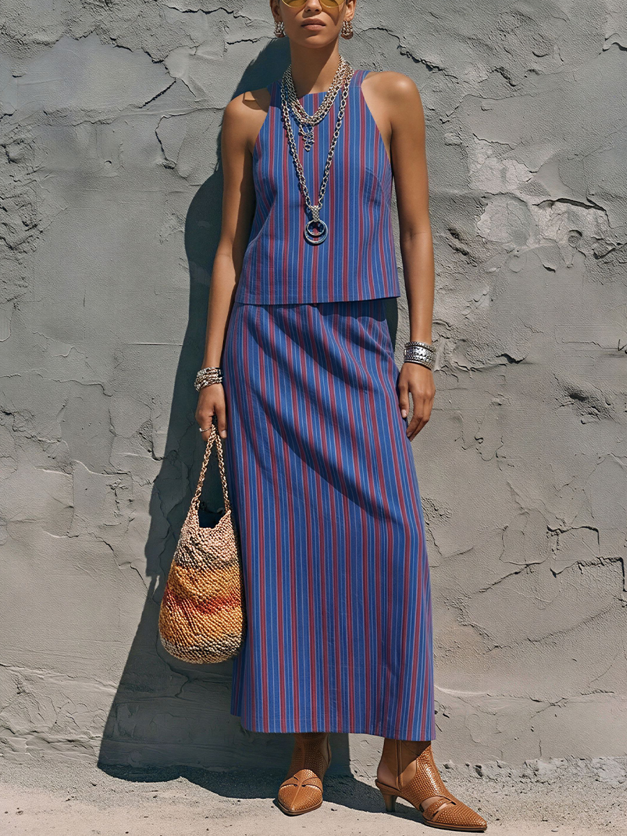 Women's Casual Blue And Red Striped Cotton Blend Sleeveless Top + Straight Long Skirt Set MDZ0896E2GMJ