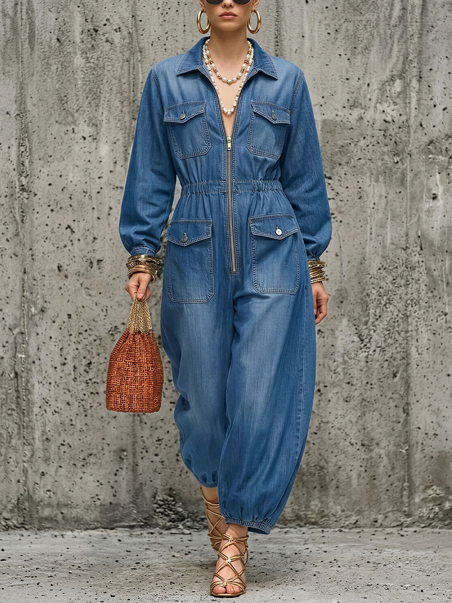 Women's Utility Style Blue Denim Collared Zip-Up Elastic Cuff Long-Sleeve Jumpsuit MDZ0863E1GMJ
