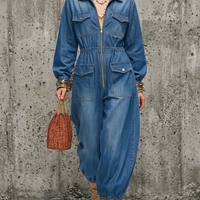 Women's Utility Style Blue Denim Collared Zip-Up Elastic Cuff Long-Sleeve Jumpsuit MDZ0863E1GMJ