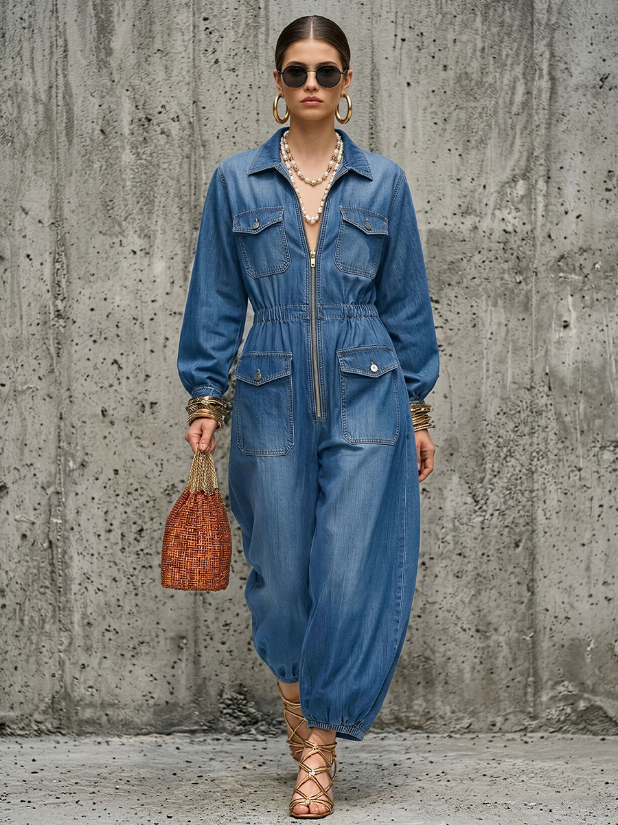 Women's Utility Style Blue Denim Collared Zip-Up Elastic Cuff Long-Sleeve Jumpsuit MDZ0863E1GMJ