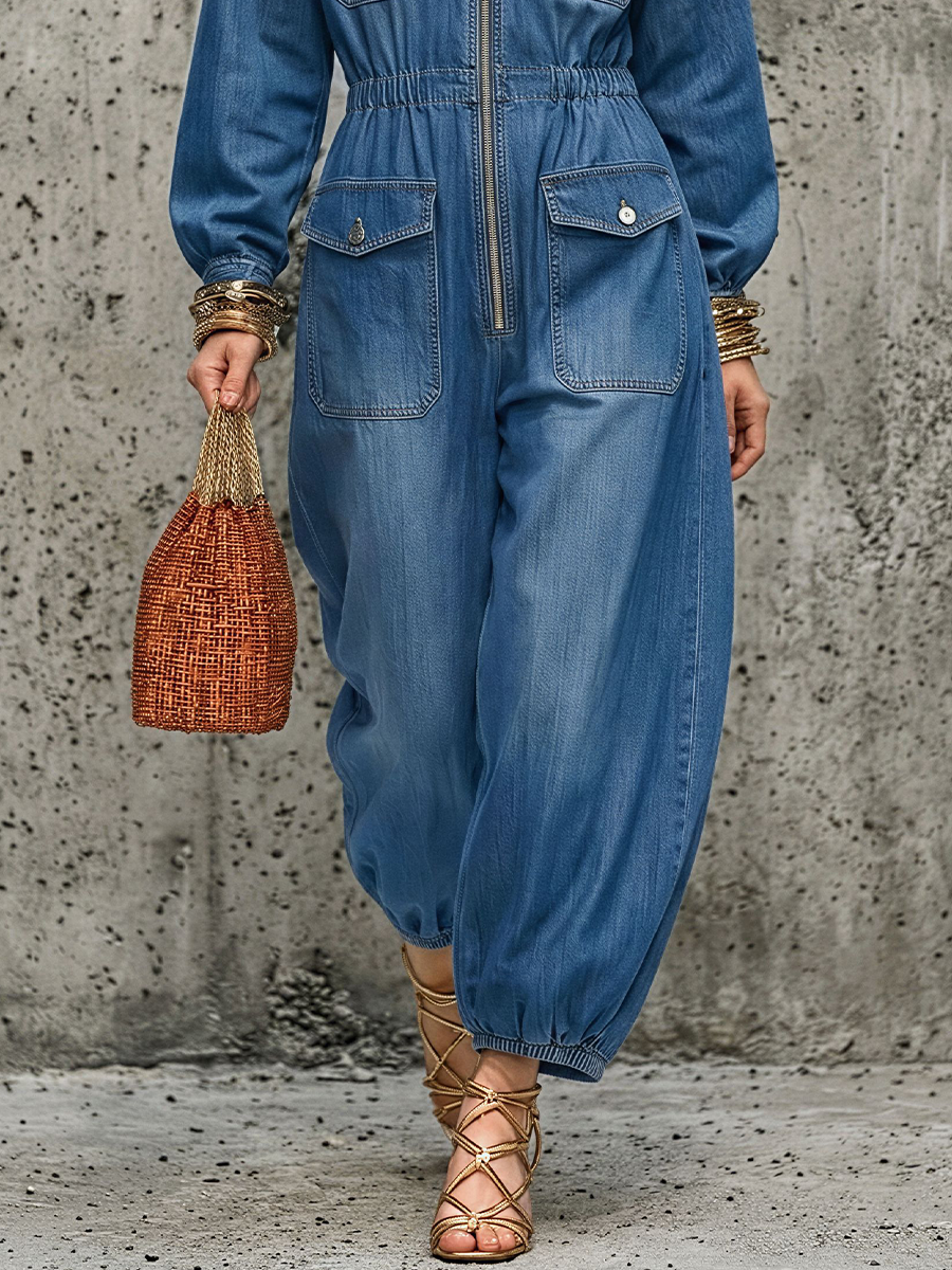 Women's Utility Style Blue Denim Collared Zip-Up Elastic Cuff Long-Sleeve Jumpsuit MDZ0863E1GMJ