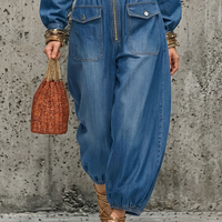 Women's Utility Style Blue Denim Collared Zip-Up Elastic Cuff Long-Sleeve Jumpsuit MDZ0863E1GMJ