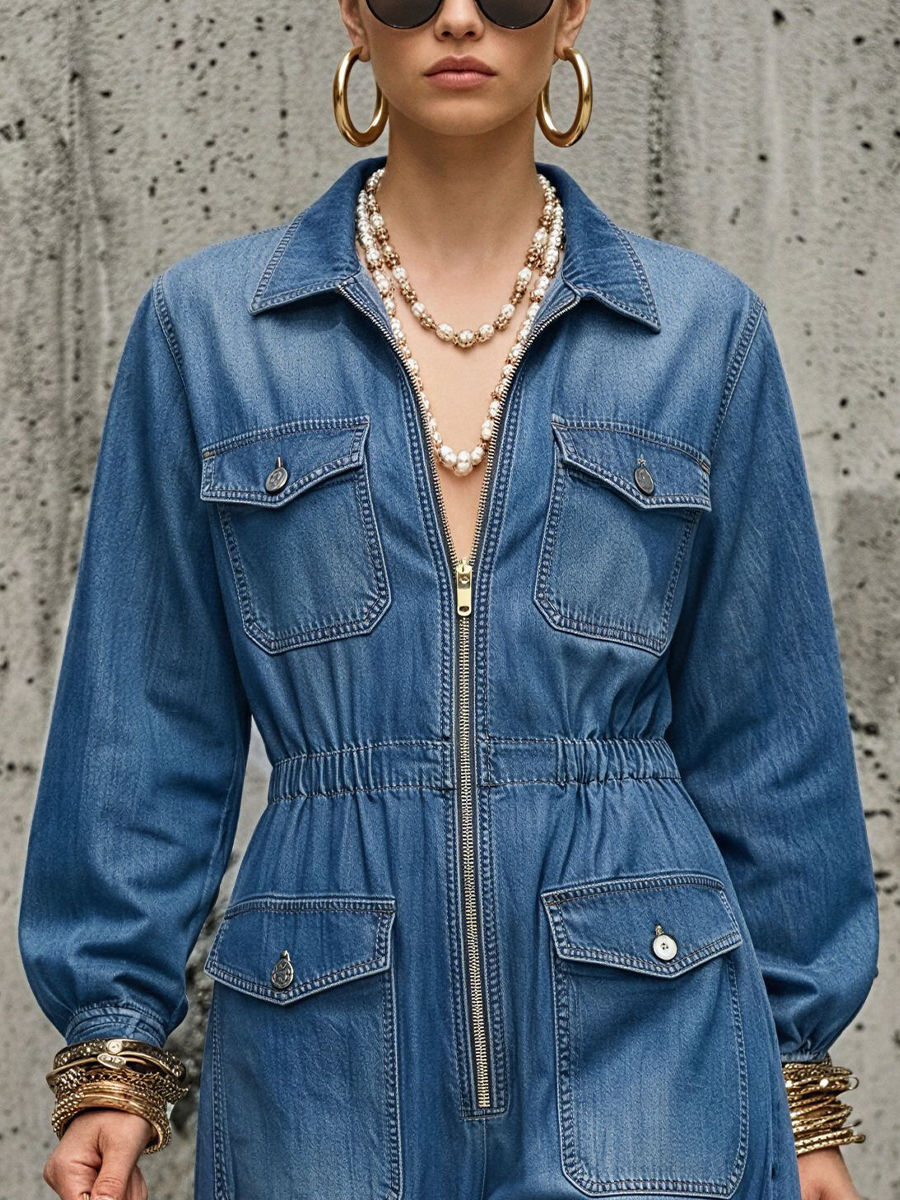 Women's Utility Style Blue Denim Collared Zip-Up Elastic Cuff Long-Sleeve Jumpsuit MDZ0863E1GMJ