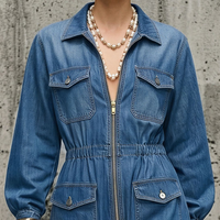 Women's Utility Style Blue Denim Collared Zip-Up Elastic Cuff Long-Sleeve Jumpsuit MDZ0863E1GMJ