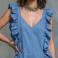 Women's Vacation Style Blue Linen-Cotton V-Neck Ruffle Sleeveless Short Jumpsuit MDZ0854E1GMJ