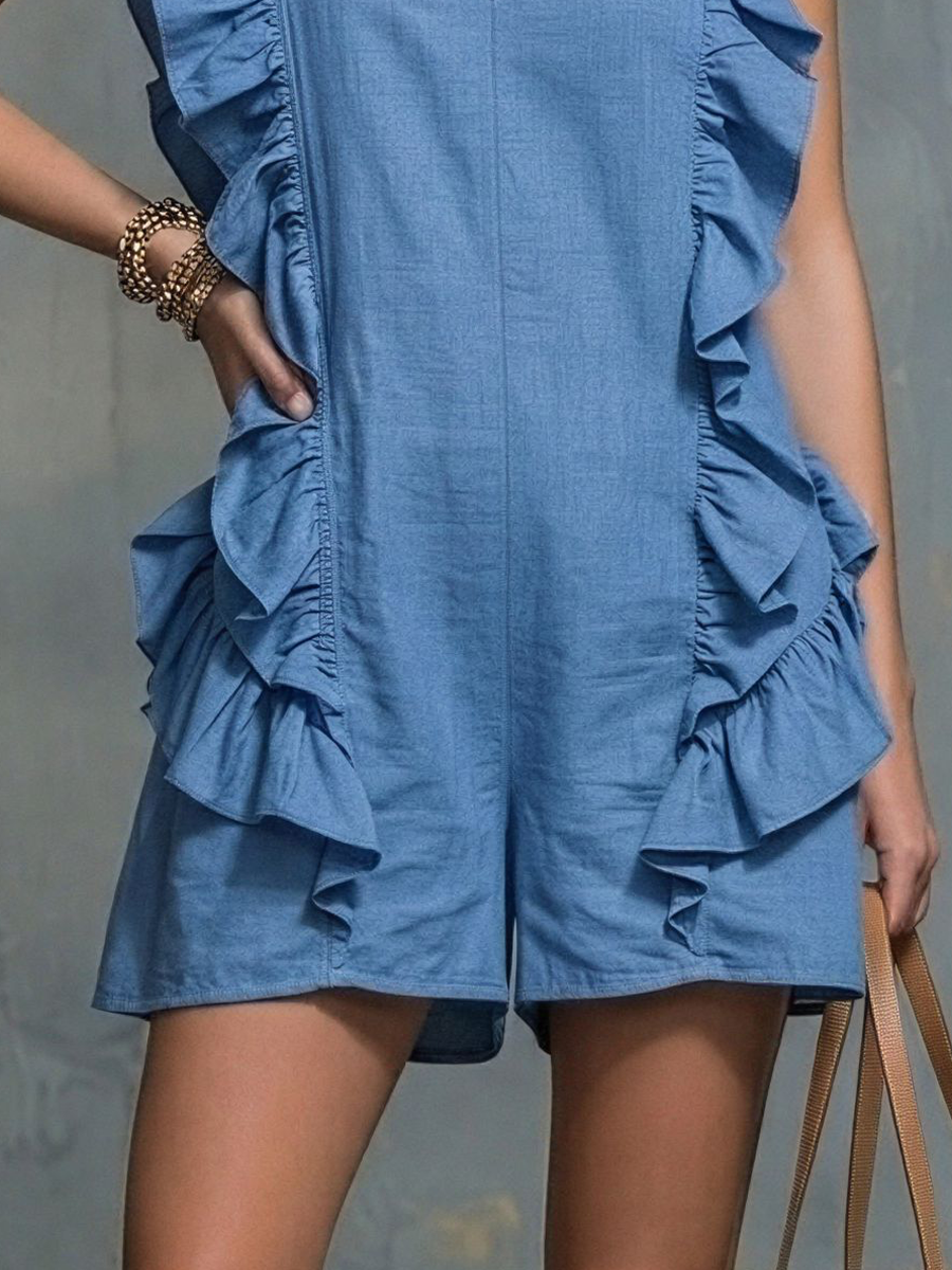 Women's Vacation Style Blue Linen-Cotton V-Neck Ruffle Sleeveless Short Jumpsuit MDZ0854E1GMJ