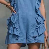 Women's Vacation Style Blue Linen-Cotton V-Neck Ruffle Sleeveless Short Jumpsuit MDZ0854E1GMJ