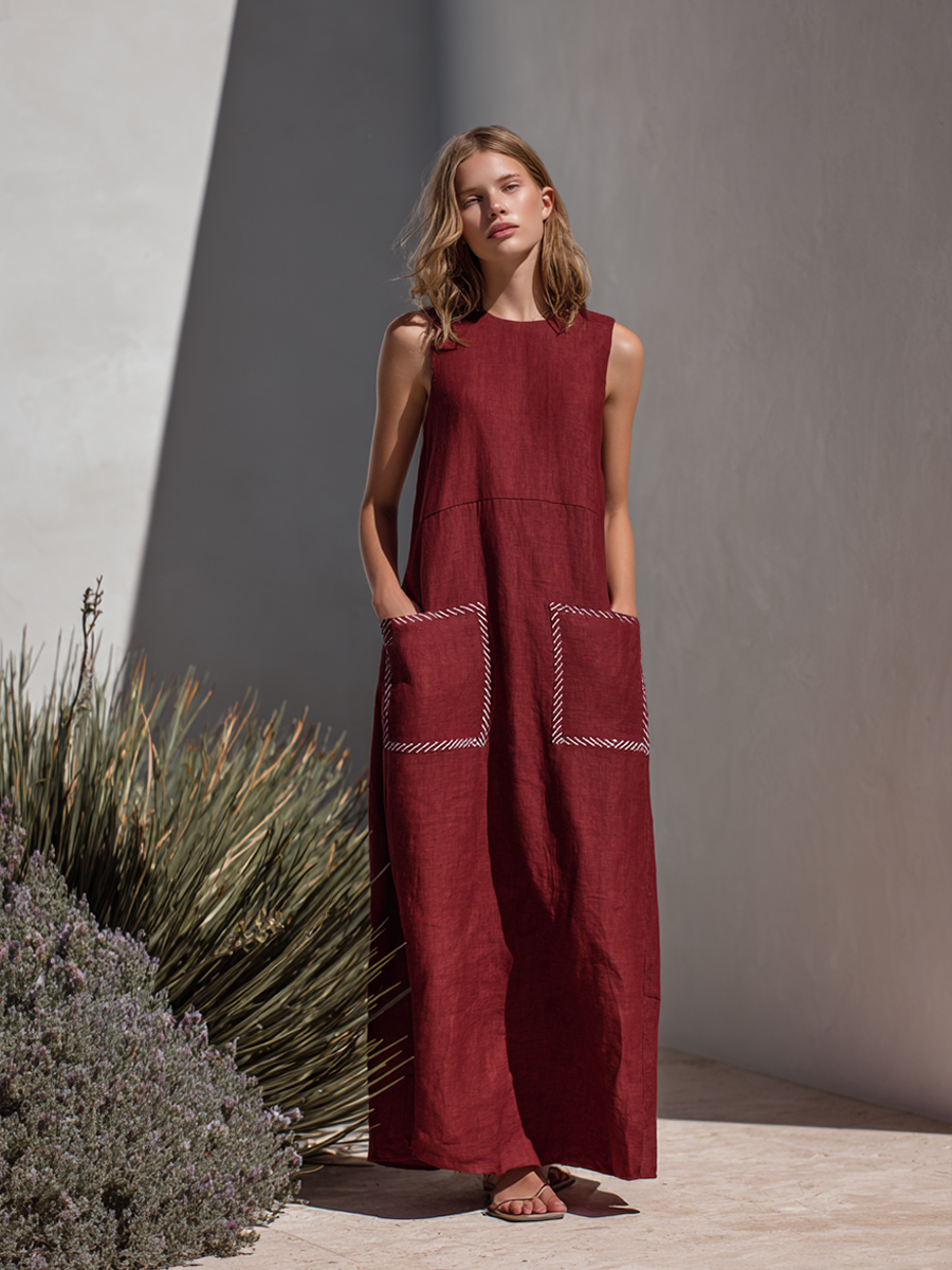 Women's Simple Linen-Blend Sleeveless Maxi Dress MDZ0939E5ZRK