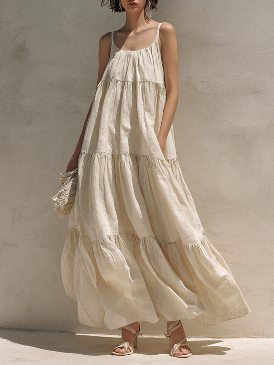 Women's Simple Linen-Blend Tiered Maxi DressMDZ0928E4ZRK