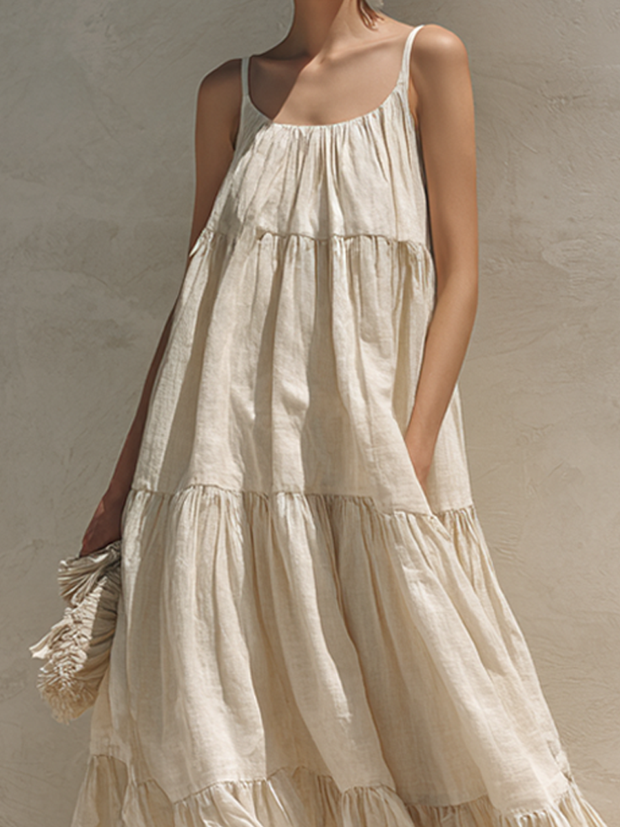 Women's Simple Linen-Blend Tiered Maxi DressMDZ0928E4ZRK