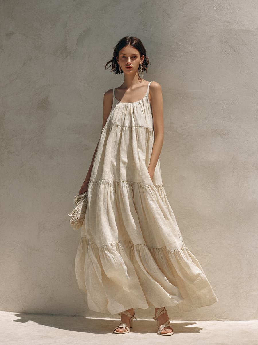 Women's Simple Linen-Blend Tiered Maxi DressMDZ0928E4ZRK